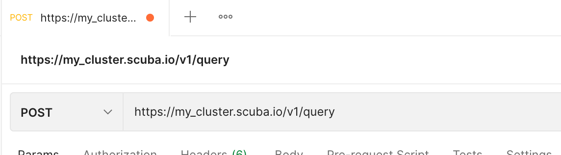 Screenshot showing the Postman UI with example cluster URL.