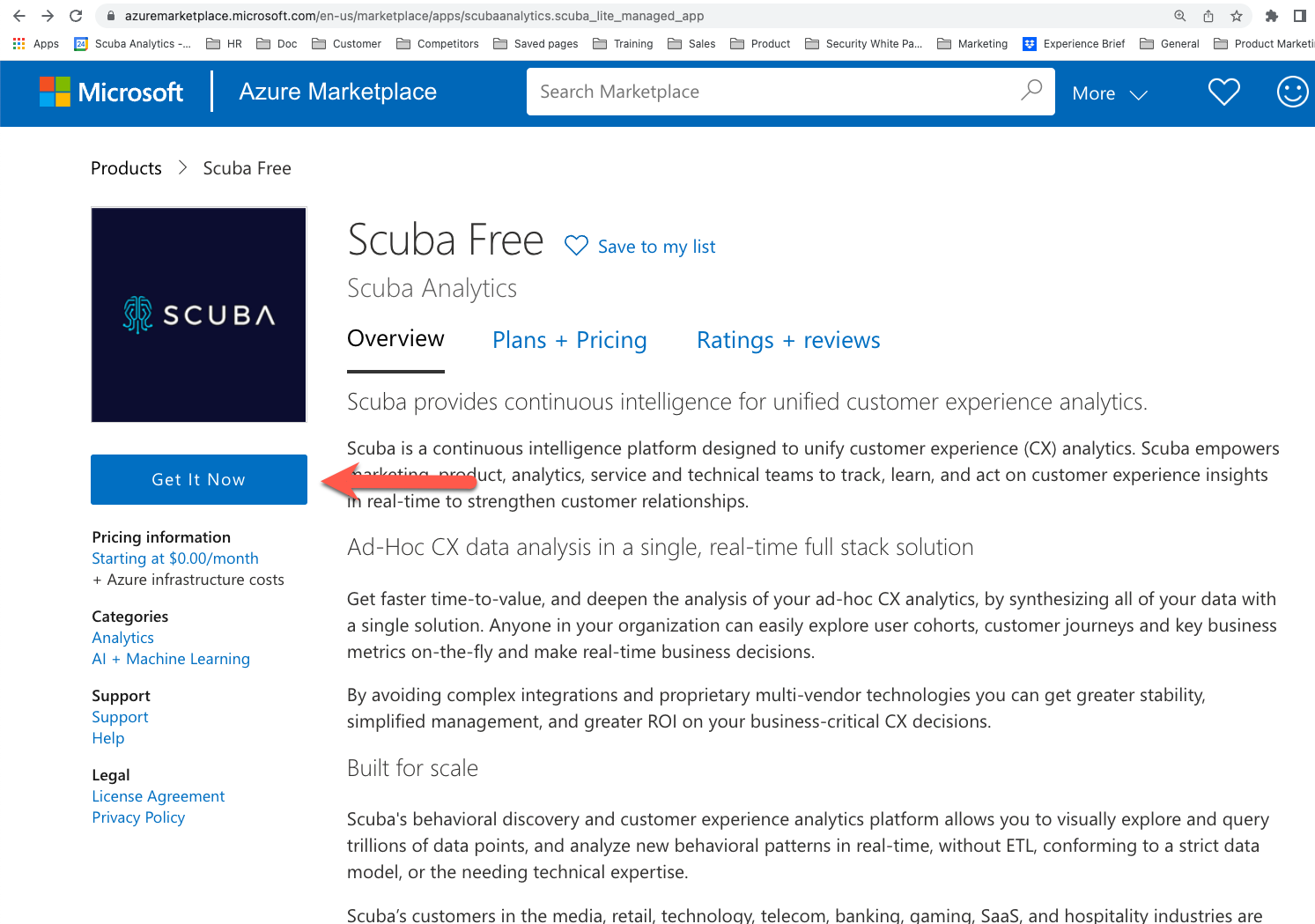 get it now page for scuba free on azure marketplace page